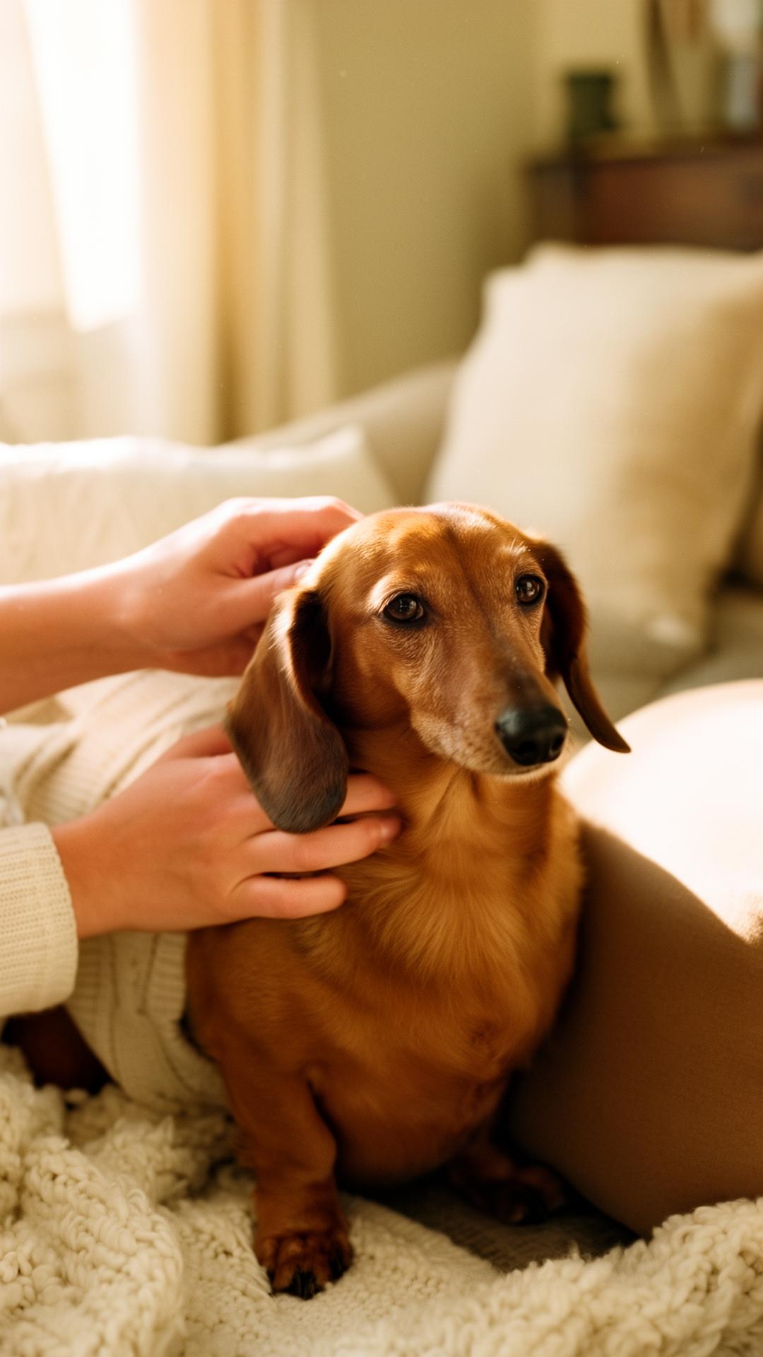 A person gently petting a dachshund on a cream blanket in warm morning light